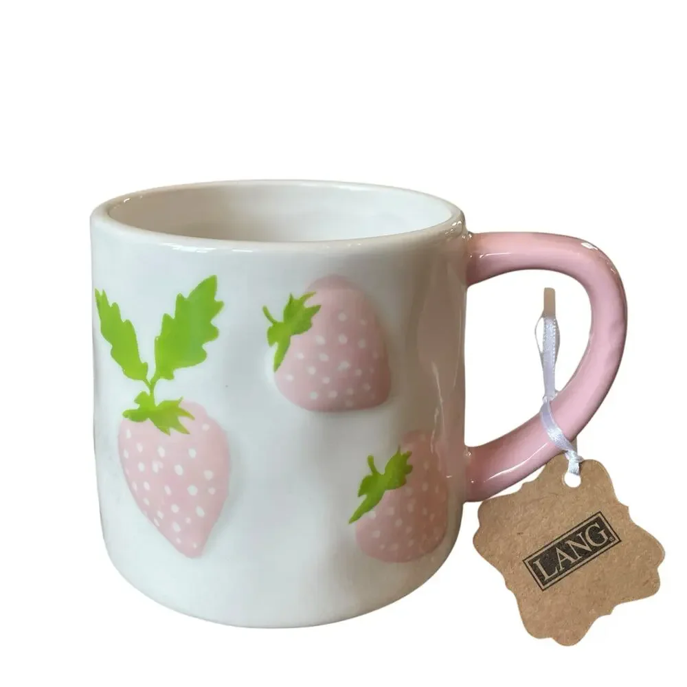 Lang Hand Painted PINK STRAWBERRY Ceramic Coffee Tea Mugs Set of 2 New